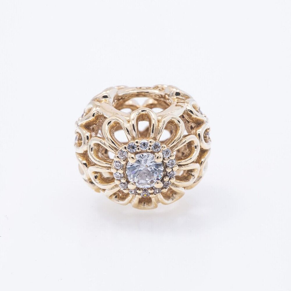 Pandora Pave Floral Brilliance Bead Charm CZ 14k G585 Yellow Gold B